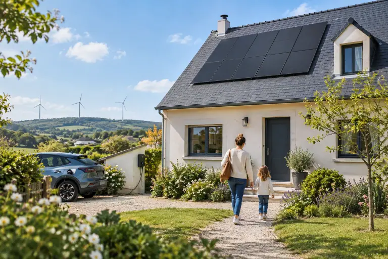 Maison équipée de panneaux solaires dans un paysage français