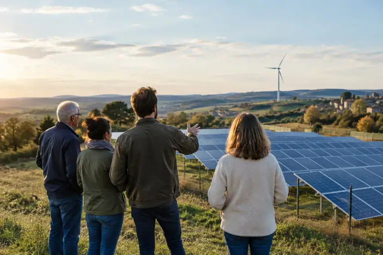 Habitants observant un nouveau parc solaire et une éolienne dans la campagne française
