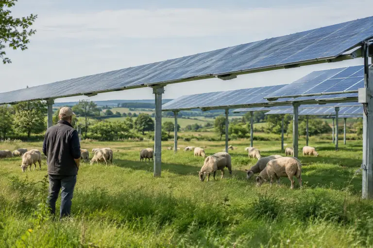 Moutons pâturant sous des panneaux solaires sur une parcelle agricole française