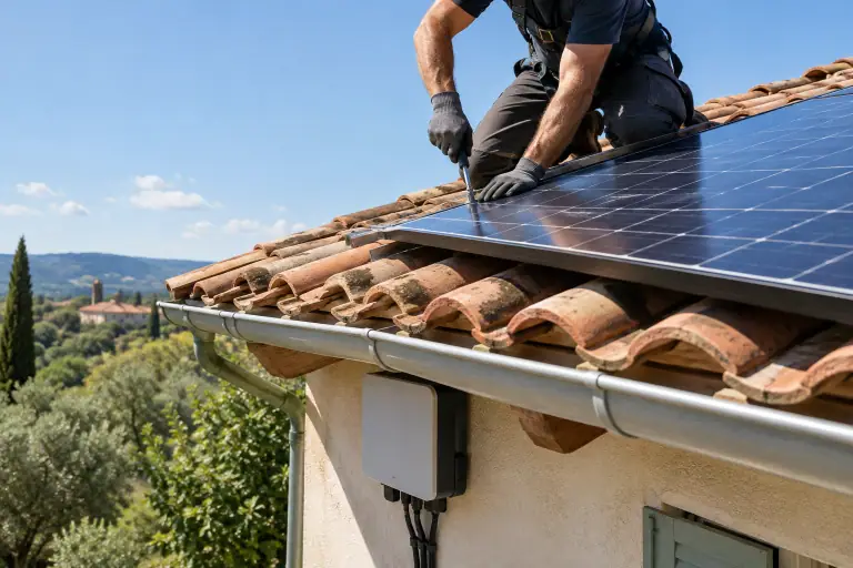 Des mains fixent un panneau solaire sur le toit d’une maison française.