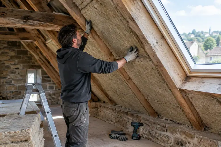 Des mains d’artisan posent un isolant dans les combles d’une maison ancienne.