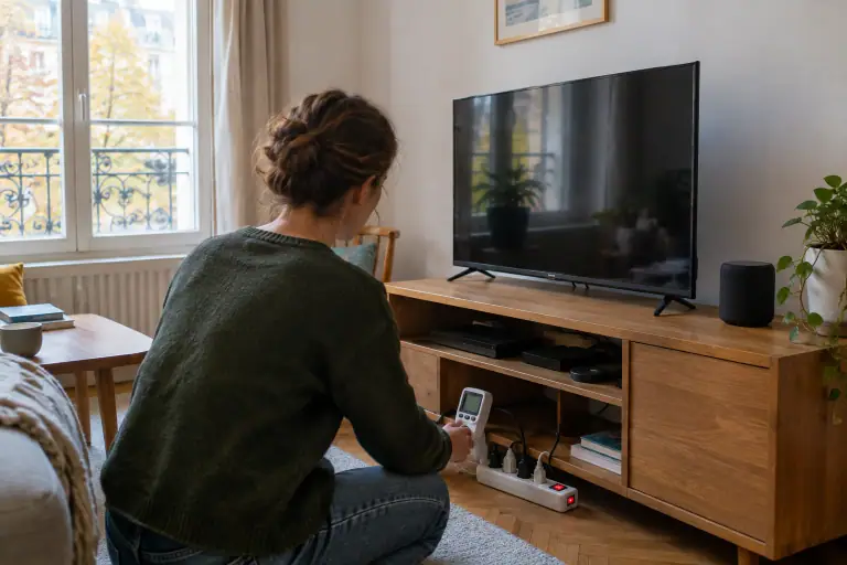 Un wattmètre mesure les appareils reliés à une multiprise dans un salon français