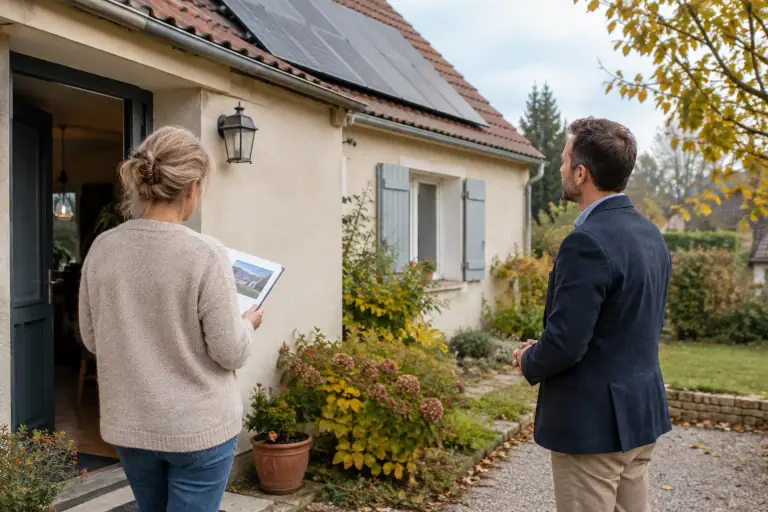 Un particulier examine un devis solaire devant sa maison avec des panneaux sur le toit.