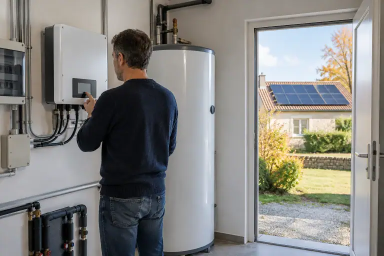 Un particulier suit sa production solaire près du ballon d’eau chaude de sa maison