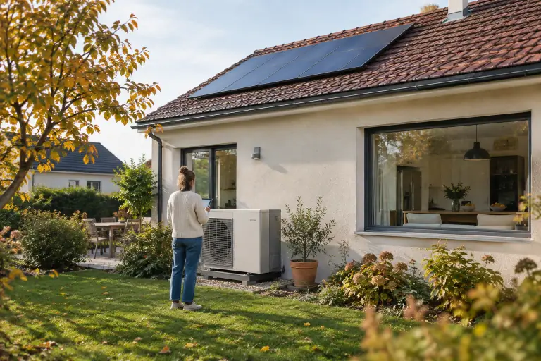 Maison française équipée de panneaux solaires, avec un habitant observant la production en journée