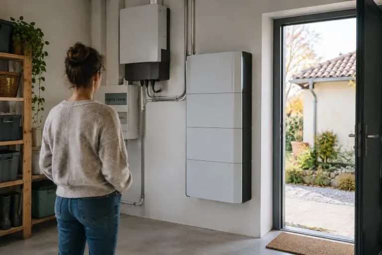 Batterie solaire murale installée dans le local technique d’une maison française