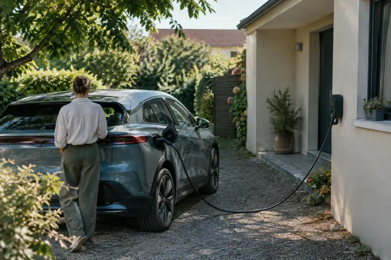 Voiture électrique en recharge dans une allée résidentielle ombragée