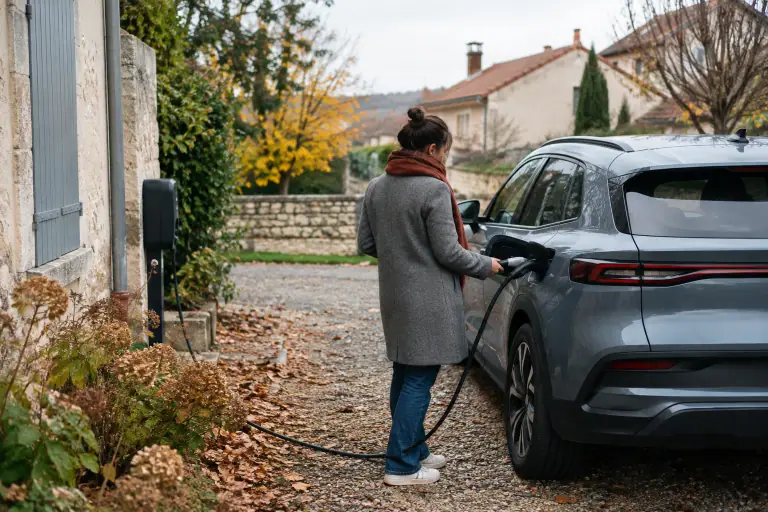 Voiture électrique en recharge devant une maison française à l’automne
