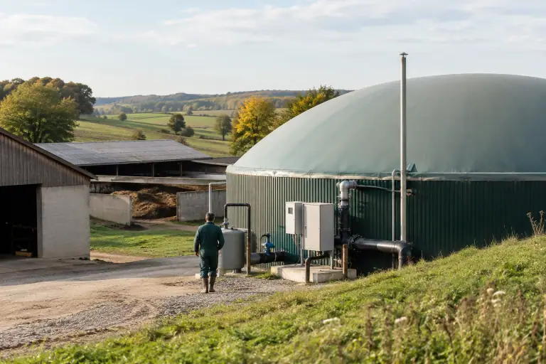 Unité agricole de méthanisation avec digesteur fermé et champs en arrière-plan