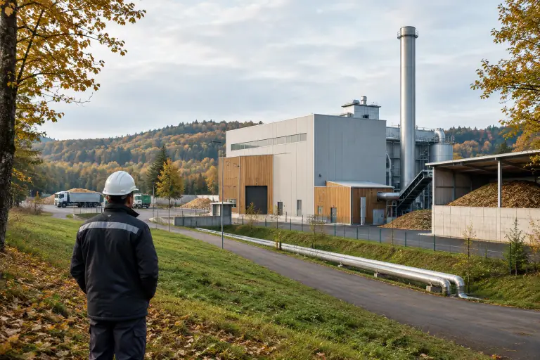 Centrale biomasse française avec stockage de plaquettes de bois et bâtiment de cogénération