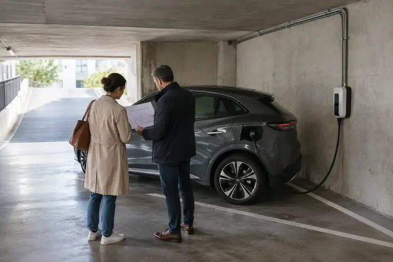 Borne de recharge installée près d’une voiture dans le parking d’une copropriété française