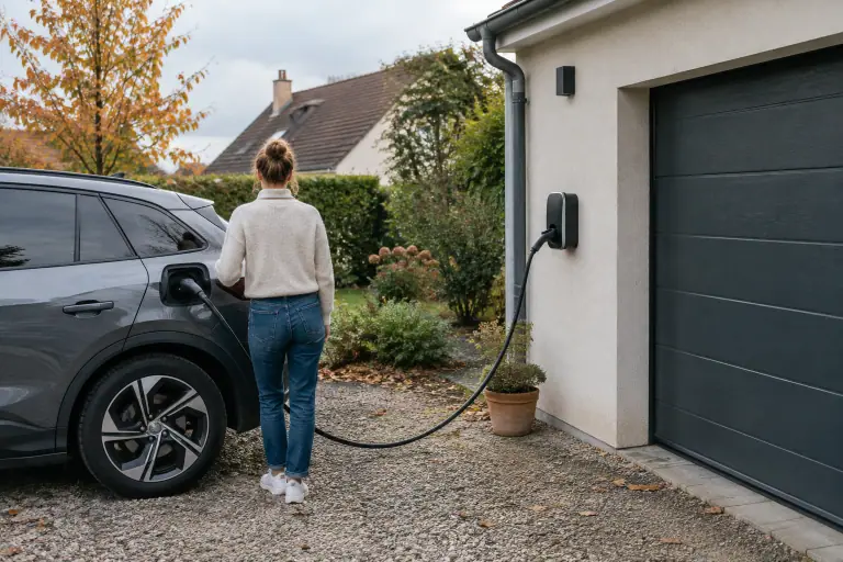 Voiture électrique branchée à une borne murale dans l’allée d’une maison
