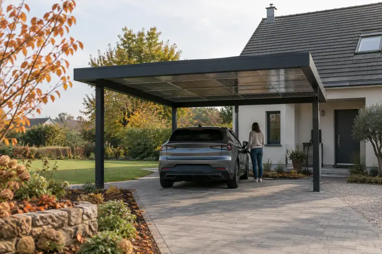 Carport photovoltaïque abritant une voiture électrique près d’une maison française