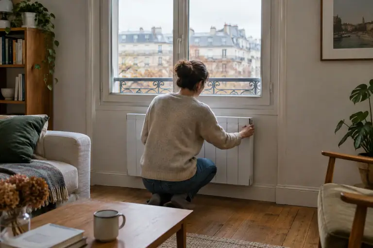 Radiateur électrique mural installé sous une fenêtre dans un salon français