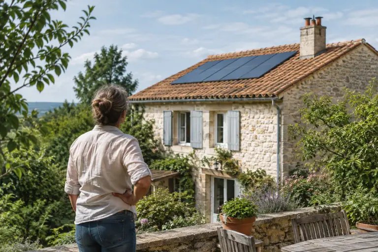 Capteurs thermiques installés sur le toit d’une maison individuelle en France
