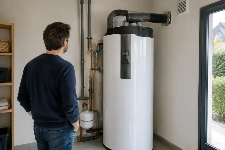 Chauffe-eau thermodynamique installé dans une buanderie avec conduit d’air extérieur