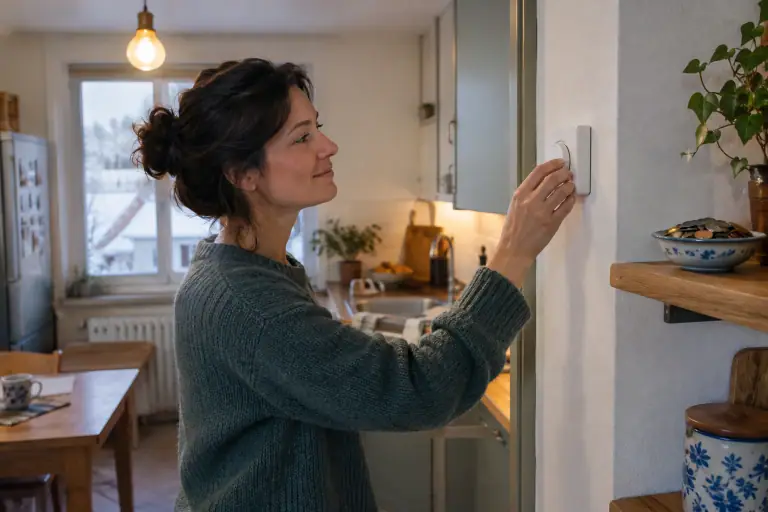 Une main baisse le thermostat dans une cuisine modeste éclairée par une LED.