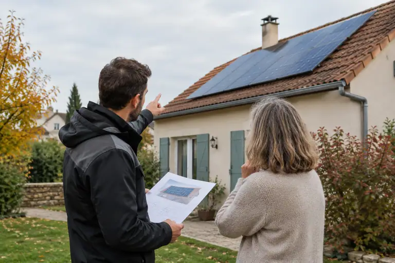 Un installateur et une propriétaire examinent un projet photovoltaïque devant une maison française.