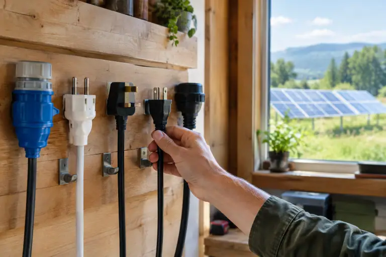 Une main choisit une prise dans un atelier ouvert sur des panneaux solaires.