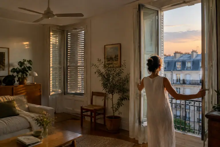 Volets extérieurs fermés et ventilateur de plafond dans un appartement français en été