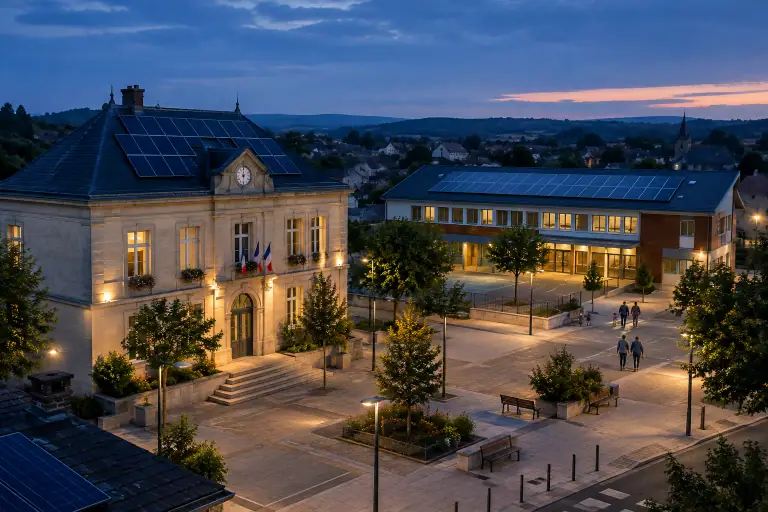 La mairie et l’école d’une commune brillent sous leurs toitures solaires.