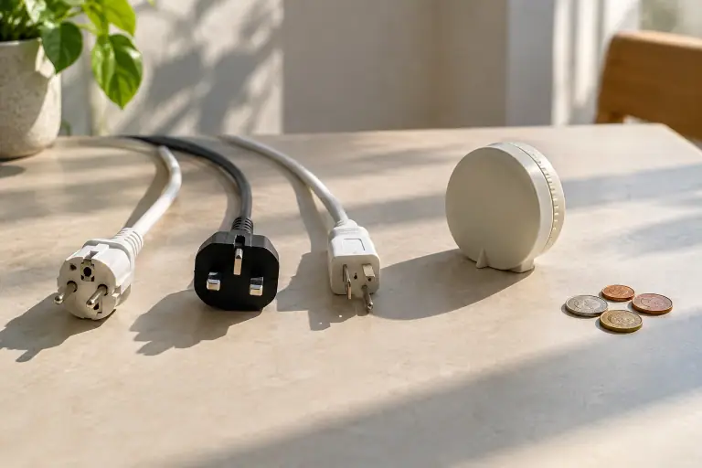 Trois prises, un minuteur et des pièces composent une comparaison sans écran.