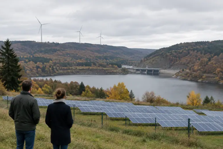 Panneaux solaires, éoliennes et retenue hydroélectrique dans un paysage français