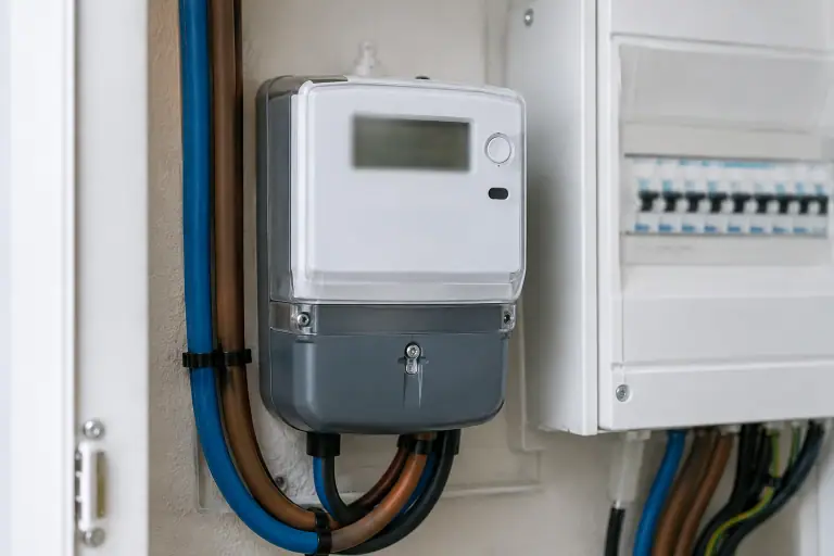Un compteur communicant générique est fixé près de câbles et d’un disjoncteur.