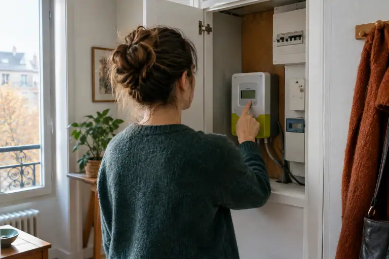 Une personne consulte l’écran d’un compteur Linky dans un logement français