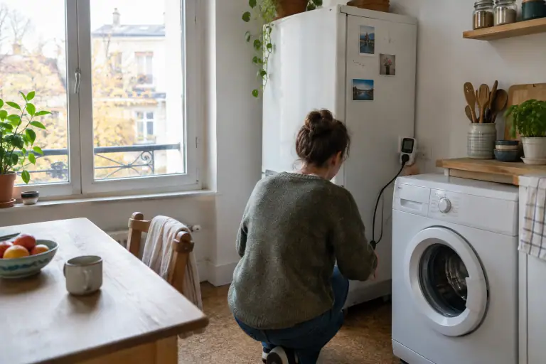 Un habitant mesure la consommation électrique d’un appareil dans une cuisine française