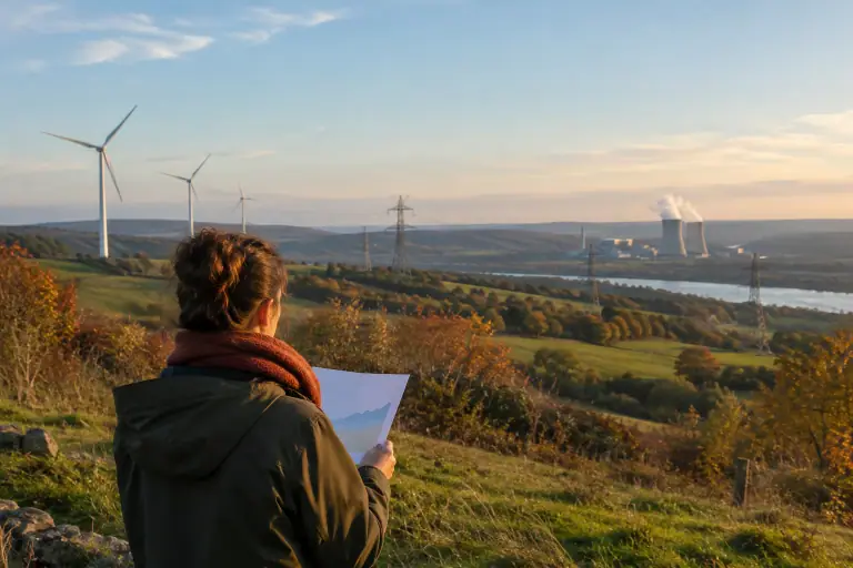 Paysage français avec éoliennes et lignes électriques, illustrant l’intensité carbone du courant