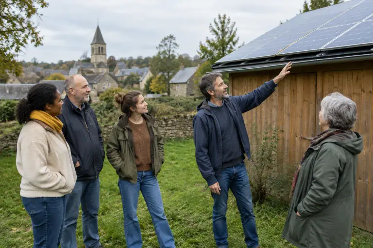 Des voisins échangent près d’un bâtiment solaire partagé dans leur village.