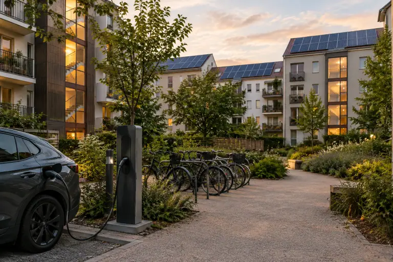Une borne partagée dessert une cour d’immeuble entourée de toitures solaires.