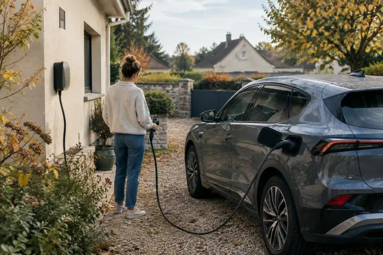 Voiture électrique branchée à une borne murale dans une allée résidentielle française