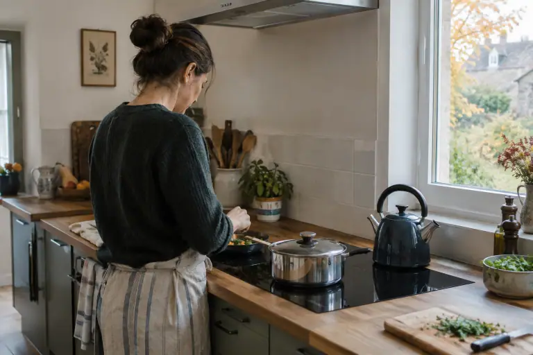Une personne cuisine avec une casserole couverte sur une plaque à induction dans une cuisine française