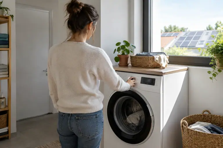 Une personne programme un lave-linge en journée dans une maison équipée de panneaux solaires