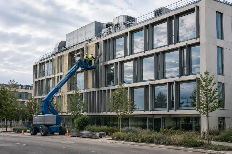 Des ouvriers posent des protections solaires sur la façade d’un grand bureau.