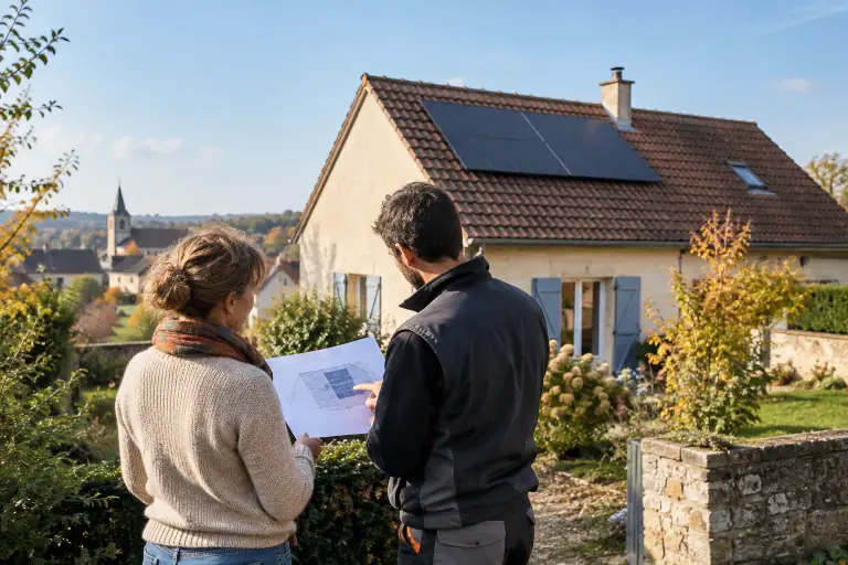 Un propriétaire et un installateur examinent un projet de panneaux solaires devant une maison française
