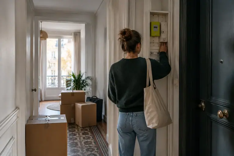 Nouvel occupant relevant un compteur électrique dans un appartement français en cours de déménagement