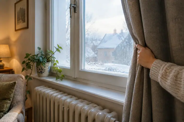 Une main ajuste un rideau épais devant une fenêtre froide au-dessus du radiateur.