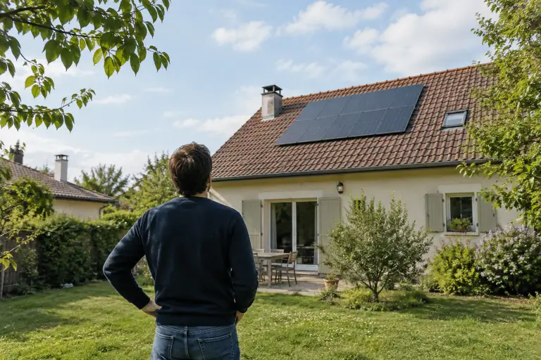Maison française avec panneaux solaires en toiture et propriétaire évaluant la surface disponible