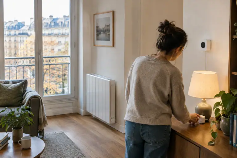 Habitant vérifiant une prise connectée près d’un radiateur électrique dans un appartement