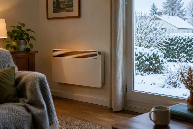Un convecteur électrique chauffe une maison française sous la neige hivernale.