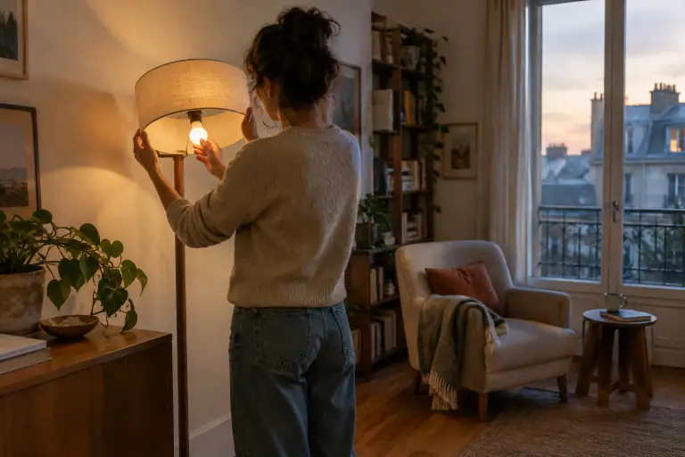 Une personne remplace une ampoule dans un luminaire de salon éclairé par une LED