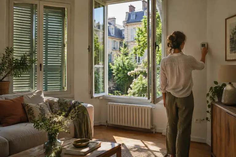Habitant réglant le chauffage dans un salon protégé du soleil par des volets