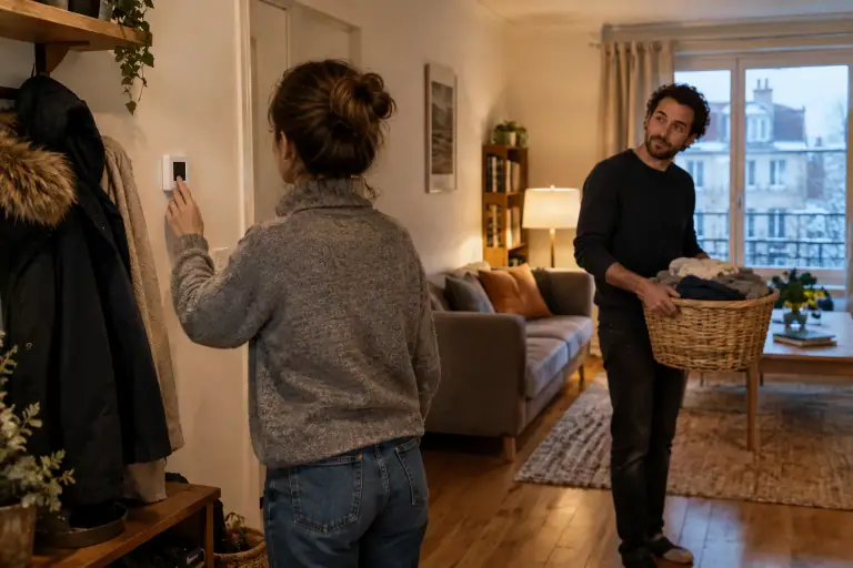 Un occupant ajuste le chauffage dans un logement français pendant une soirée froide d’hiver