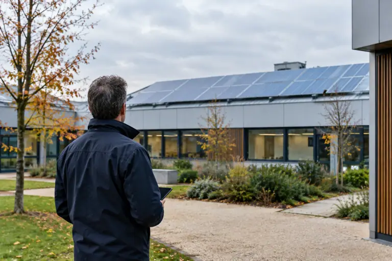 Responsable de site observant des panneaux solaires sur un bâtiment professionnel français