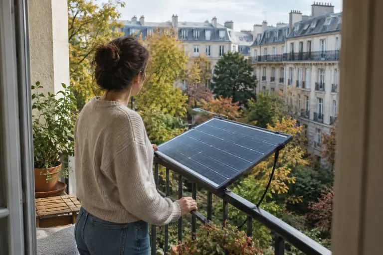 Locataire vérifiant un kit solaire fixé sur le balcon d’un appartement français