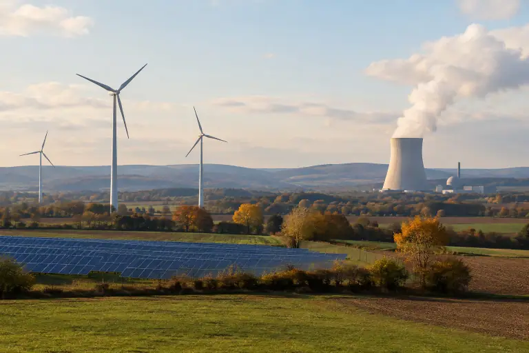 Paysage français avec centrale nucléaire, éoliennes et parc photovoltaïque sous une lumière d’automne