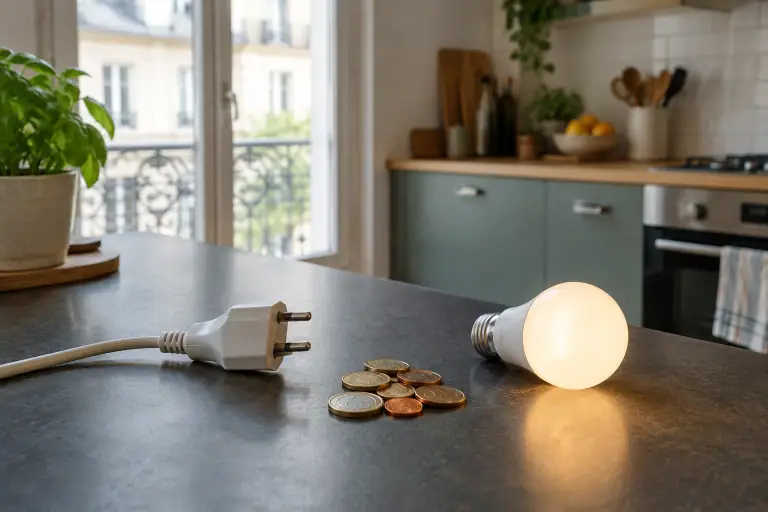 Une prise, quelques pièces et une ampoule évoquent le coût de l’électricité.